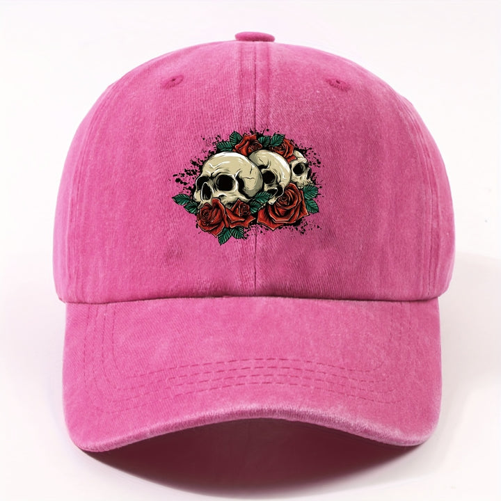 1 Gorra de béisbol impresa con un solo auricular, lavada a mano, ajustable, ligera, no elástica, con tema de vacaciones, diseño de rosa y calavera, para hombres, mujeres, ciclismo urbano al aire libre, todas las estaciones.