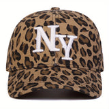 Gorra de béisbol para mujer con estampado de leopardo NY, ajustable con cierre de broche, ala ancha para protección solar, ideal para viajes al aire libre, fiestas en la playa y uso casual, accesorio para fiestas playeras | Gorra deportiva | Gorra teji...