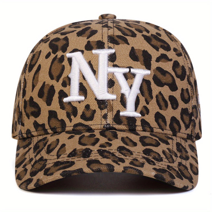 Gorra de béisbol para mujer con estampado de leopardo NY, ajustable con cierre de broche, ala ancha para protección solar, ideal para viajes al aire libre, fiestas en la playa y uso casual, accesorio para fiestas playeras | Gorra deportiva | Gorra teji...
