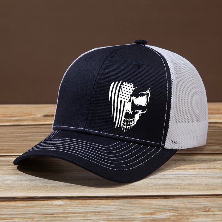 Gorra de béisbol curva con estampado de calavera y bandera de letra para hombres y mujeres, elegante sombrero de camionero para actividades al aire libre, ajustable y adecuado para camping y pesca, perfecto para correr, hacer senderismo y camping, lo conv