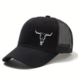 Gorra de béisbol para camionero, estilo vaquero occidental para hombre, con cuernos de toro y estampado de cowboy - Parte trasera de malla transpirable, cierre ajustable con visera, diseño estructurado de seis paneles, sombrero ligero para actividades al