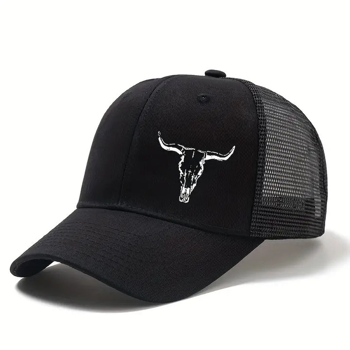 Gorra de béisbol para camionero, estilo vaquero occidental para hombre, con cuernos de toro y estampado de cowboy - Parte trasera de malla transpirable, cierre ajustable con visera, diseño estructurado de seis paneles, sombrero ligero para actividades al