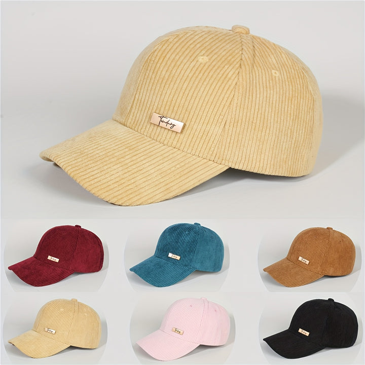 Gorra de Béisbol para Mujer y Unisex - Estilo Pana (Beige/Turquesa/Azul Marino/Rosa/Marrón/) con Cierre Ajustable, Ala Ancha Transpirable, Logo Metálico Dorado: Ideal para Exteriores, Fiestas o Uso Diario