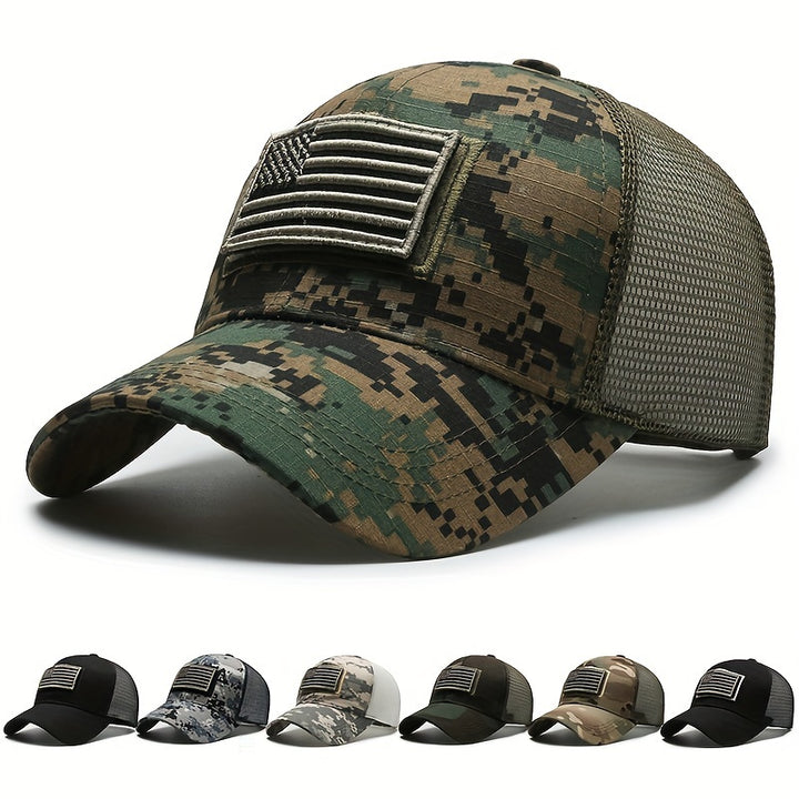 Gorra de béisbol táctica para hombre con parche de bandera americana impresa, transpirable, secado rápido, parte trasera de malla y ajuste adaptable para actividades al aire libre como pesca, senderismo y viajes