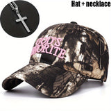 Juego de 2 piezas (gorra + collar) Gorra de béisbol con camuflaje y letras favoritas del dios para hombre, gorra deportiva transpirable de verano al aire libre, sombrero de sol unisex ajustable