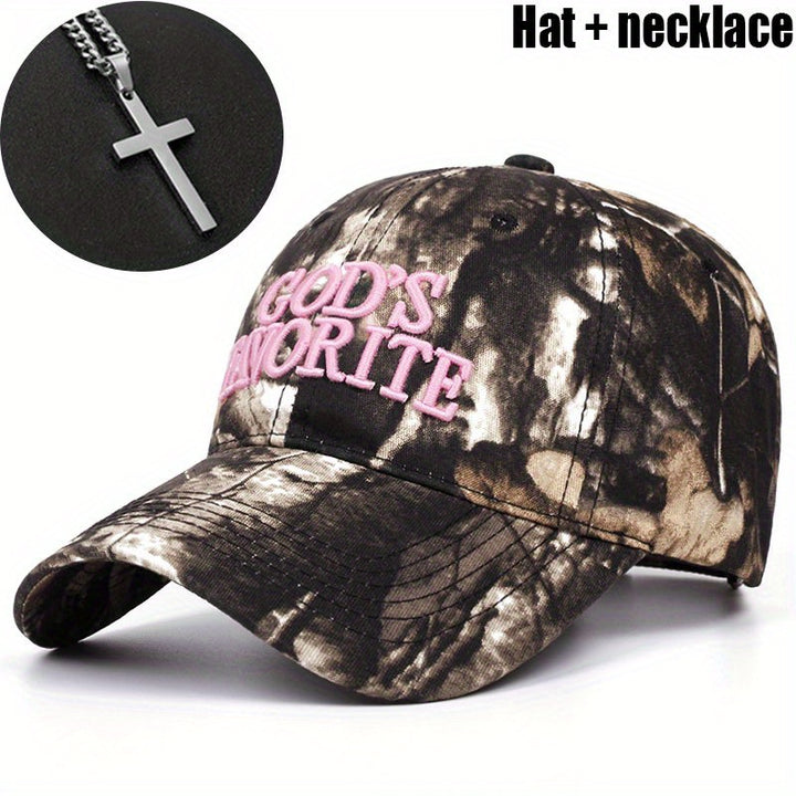 Juego de 2 piezas (gorra + collar) Gorra de béisbol con camuflaje y letras favoritas del dios para hombre, gorra deportiva transpirable de verano al aire libre, sombrero de sol unisex ajustable