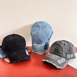 Gorra de béisbol estilo americano con bordes desgastados, bordado lateral y visera curva, sombrero versátil para streetwear