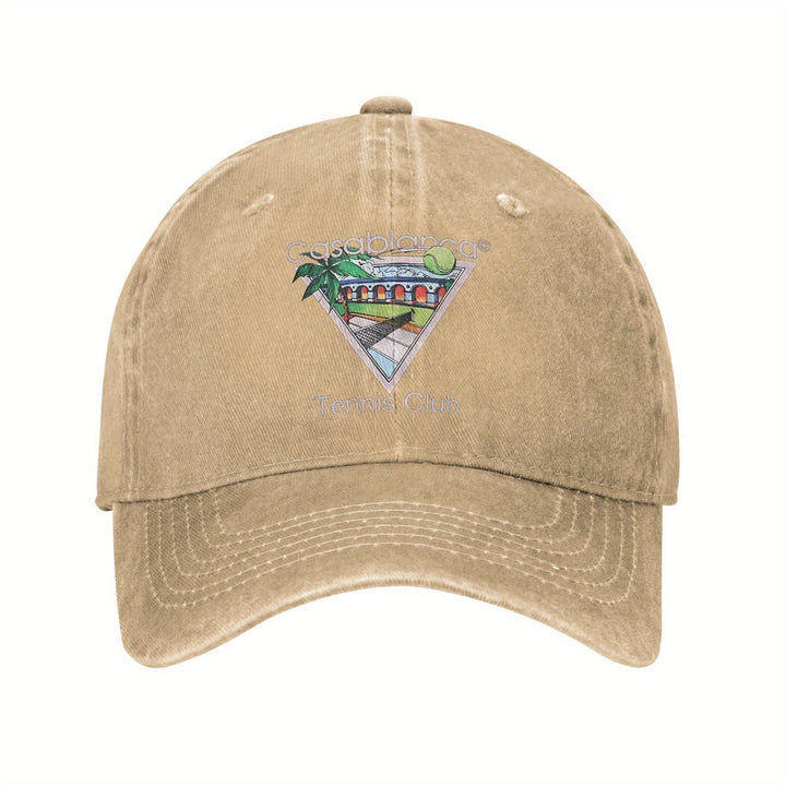 Gorra de Béisbol con Logo del Casablanca Tennis Club - Gorra Negra Lavada al Estilo Universitario Transpirable con Diseño Vibrante en Rosa y Azul, Regalo Ideal para Aficionados al Tenis, Golf o Running