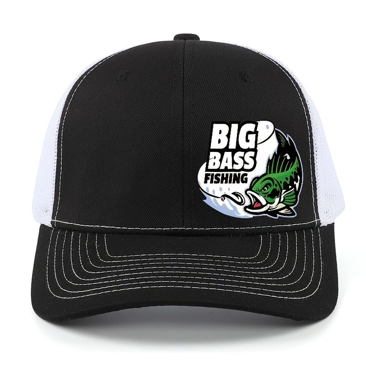 Gorra Trucker Unisex Ajustable Ligera y Transpirable de Malla - Diseño Color-Block /Blanco con Gráfico BIG BASS FISHING y Pecera, Gorra Deportiva para Aficionados a la Pesca al Aire Libre, Regalo Perfecto para Graduaciónes, Día del Maestro o Partidos de F