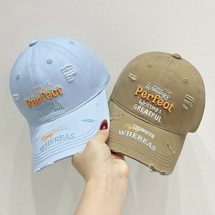 Nueva gorra de béisbol con letras bordadas suaves y rasgadas - Estilo callejero americano para parejas, gorra de béisbol versátil para caras pequeñas y grandes, solución transpirable y sin sudor.