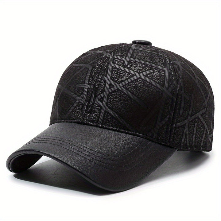 Gorra de Béisbol de Cuero Sintético Elegante para Hombre - Cálida y Estilosa Gorra de Cuero Sintético con Patrón Geométrico en Relieve, Snapback Ajustable para Protección Solar | Ideal para Uso Casual de Otoño e Invierno