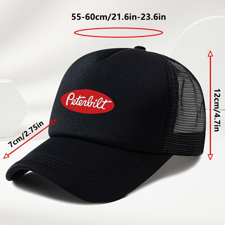 Un sombrero de béisbol de malla transpirable para hombre, estilo callejero, con estampado de Peterbilt rojo, ideal para el verano al aire libre y para conductores de camiones de estilo casual.