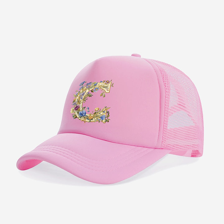 Gorra Trucker para Jóvenes con Diseño de Letra A Floral Dorada - Protección Solar Transpirable, 100% Poliéster, Cierre Ajustable con Broche, Rosa para Primavera/Verano, Regreso a Clases y Día del Maestro (Edades 3-14)