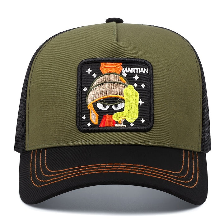 Gorra de Béisbol Bordada WB Looney Tunes MARTIAN para Hombres y Mujeres - Negra con Detalles en Verde Oliva y Naranja, Malla Transpirable Trasera, 100% Poliéster, Deportes al Aire Libre y Uso Casual, Accesorio Versátil, Diseño Divertido, Tejido Duradero,