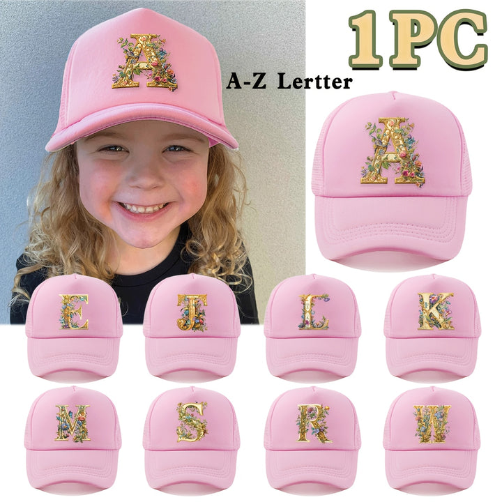 Gorra Trucker para Jóvenes con Diseño de Letra A Floral Dorada - Protección Solar Transpirable, 100% Poliéster, Cierre Ajustable con Broche, Rosa para Primavera/Verano, Regreso a Clases y Día del Maestro (Edades 3-14)