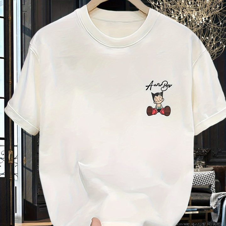 Camiseta casual de verano para hombre con estampado gráfico de Astro Boy, camiseta negra de manga corta, tejido no elástico, cuello redondo, ajuste holgado, perfecta para ropa casual, camiseta de uso diario | Camiseta con cuello redondo | Ajuste cómodo, c