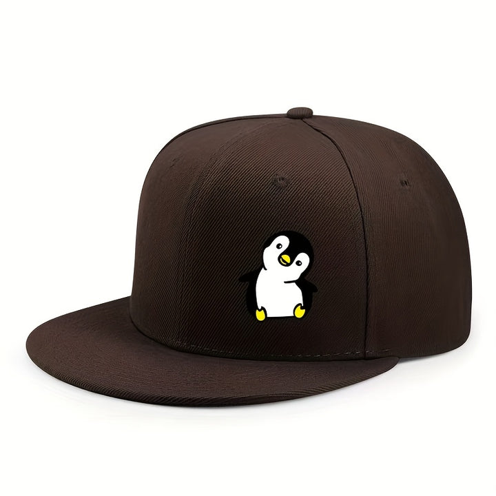 Gorra Plana Unisex de Hip-Hop con Estampado de Pingüino Urbano, Color Sólido y Ajustable para Exteriores
