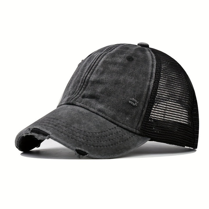 Gorra de Béisbol Transpirable para Mujer con Lavado Desgastado y Agujeros Aleatorios - Gorra Ajustable Snapback para Deportes al Aire Libre, Uso Casual - /Gris Oscuro/Beige/Amarillo, Sombrero de Malla Ventilada