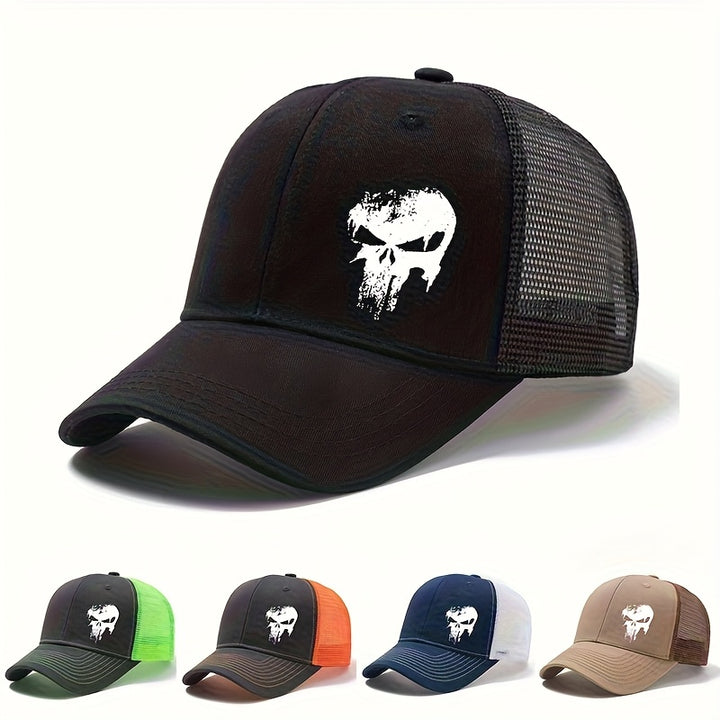 Gorra de béisbol unisex con estampado de cráneo, tamaño ajustable, verano, exterior, malla transpirable, gorra de camionero con borde curvo, adecuada para ocasiones informales como vacaciones, viajes y camping.