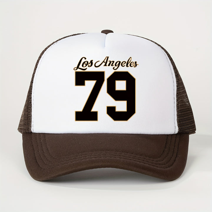 1 Gorra de Malla Estampada Los Ángeles 79 para Todas las Estaciones, Sombrero de Béisbol Unisex Transpirable Ajustable con Visera Curva para Golf y Moda Veraniega para Mujeres, Gorra de Camionero Y2K para Parejas, Gorra de Papá