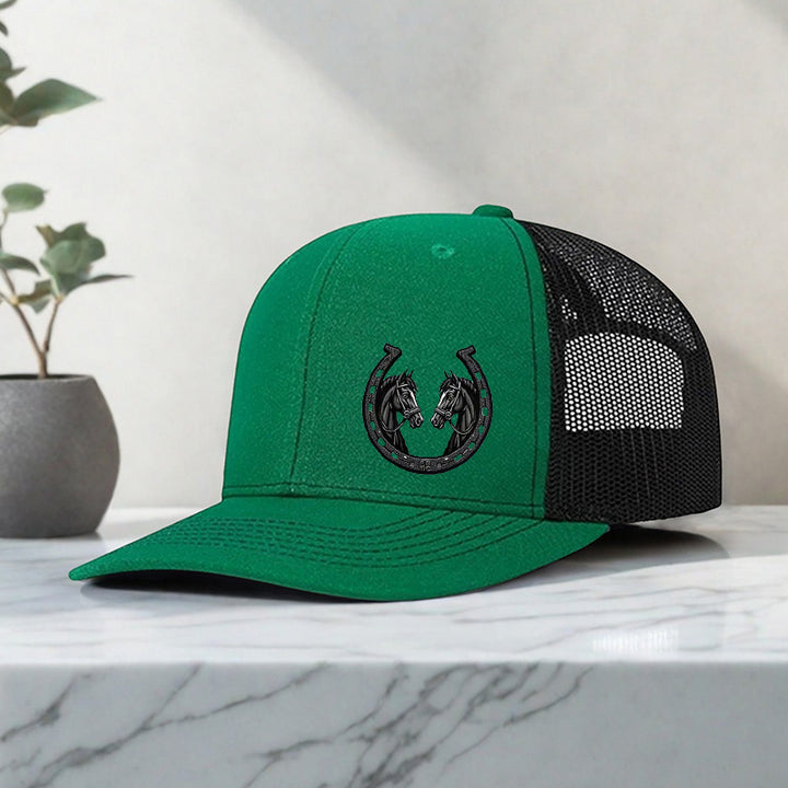 Gorra de béisbol negra para hombre con estampado de herradura de caballo doble, transpirable y ajustable, diseño ligero y duradero, ideal para deportes al aire libre y uso casual | Gorra ajustable | Tela de malla transpirable