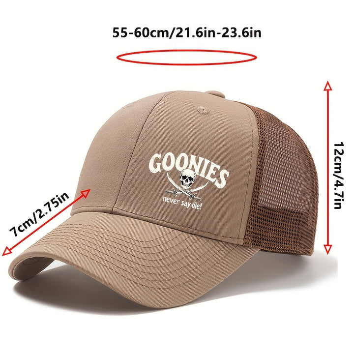 Tela. Un elegante gorro de béisbol de GOONIES estampado para hombres y mujeres, un sombrero de ala curva de malla transpirable para actividades de verano al aire libre, un gorro estilo camionero, adecuado para eventos al aire libre, vacaciones, camping y