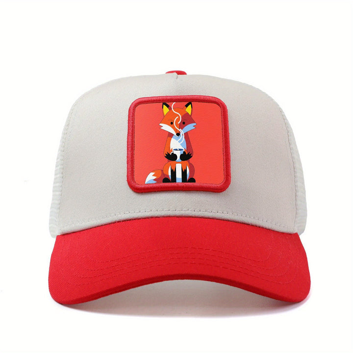 Gorra de Camionero Unisex de Anime con Zorro y Taza de Café - Gorra Ajustable con Cierre de Presión, Parte Trasera de Malla Transpirable, Diseño de 6 Paneles y Estilo Manga - Gorra Ligera para Verano, Casual, Skate (Gris/Rojo)