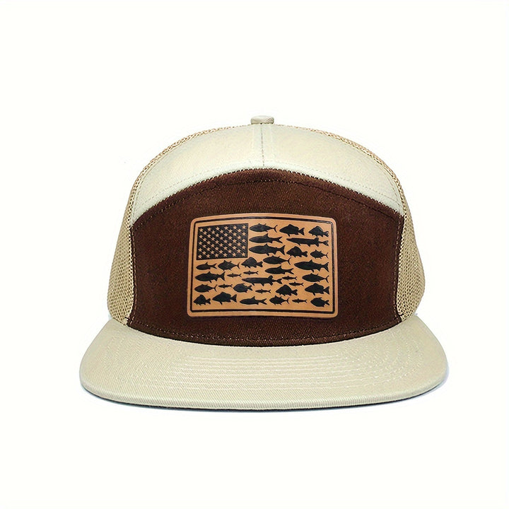 Gorra Trucker de 7 Paneles con Parche de la Bandera Americana - Parte Trasera de Malla Transpirable, Snapback Ajustable, Ligera y Duradera para Pesca, Senderismo, Camping, Actividades al Aire Libre - Unisex, Sombrero para Exteriores | Gorra Trucker Elegan
