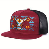 Gorra de béisbol para hombre con bordado de cabeza de toro, ideal para hip-hop, actividades al aire libre, gorra de malla ajustable para protección solar, perfecta para uso casual en viajes a la playa o vacaciones durante primavera y otoño