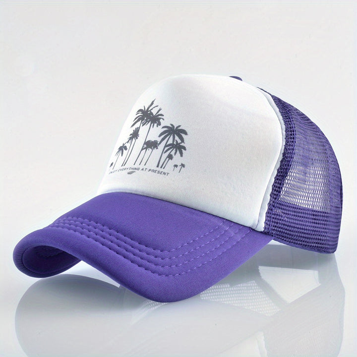 Gorra de béisbol de malla con patrón de árbol de coco, ajustable con cierre de clic, poliéster transpirable para hombres y mujeres, sombrero casual para vacaciones al aire libre, accesorio de playa.