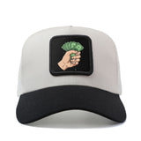 Gorra de camionero de béisbol ajustable con diseño temático de dinero, con una mano agarrando efectivo. Esta gorra de malla transpirable es perfecta para actividades de verano al aire libre y tiene un estilo de anime de dibujos animados de hip hop.