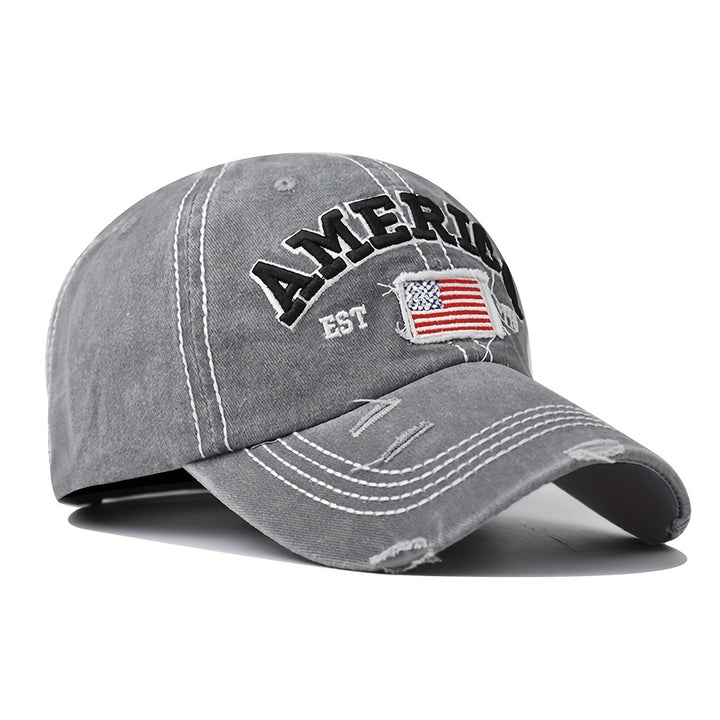 Gorra de Béisbol Americana Retro Lavada con Bordado, Parche Apliqué y Visera Revestida