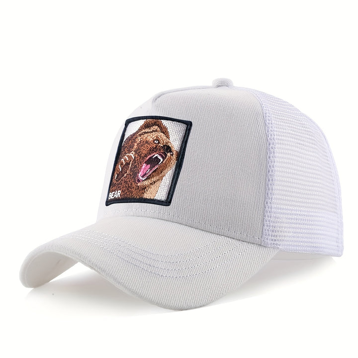 Gorra de basquetbol unisex, con diseño de oso bordado, casual, de poliéster, con parte trasera de malla respirable y cierre ajustable, ideal para verano