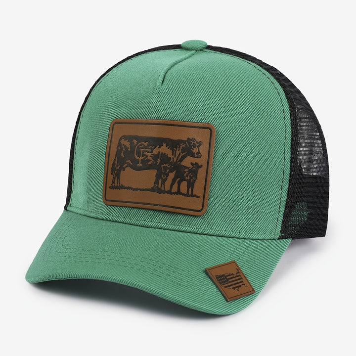 Gorra Trucker Grande de Estilo Europeo con Parches de Malla - Visera Ancha con Estampado Animal de Piel de Vaca, Ligera 50% /, Marrón Pastoral/Beige para Viajes al Aire Libre, Visitas a Granjas y Uso Casual (Ajustable)