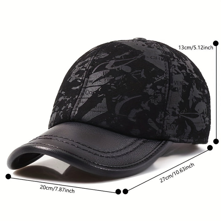 Gorra de béisbol de cuero auténtico unisex - Estilo británico funky con diseño grabado, patrón de camuflaje negro y blanco, ajuste ajustable para hombres y mujeres, gorra deportiva casual, gorra de cuero.