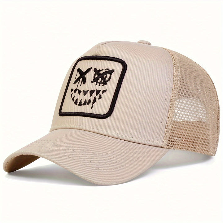 1pc Gorra de béisbol bordada con cara divertida para hombres, gorra de camionero de moda, gorra casual ajustable para exteriores, adecuada para viajes de primavera y otoño, vacaciones en la playa