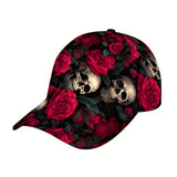 1pc Gorra de béisbol de hip-hop con estampado de calavera floral, ajustable, protección solar, transpirable, sombrero casual, accesorio de moda para viajes, fiestas de playa, actividades al aire libre, regalo de San Valentín - 100% poliéster, estilo de...