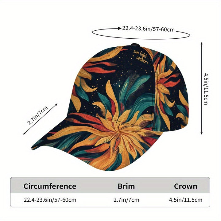 1 Gorra de béisbol con estampado de flujo Radiant Sunburst - Sombrero ajustable con cierre a presión, diseño floral vibrante y noche estrellada, ligera, perfecta para salidas diarias, reuniones de grupo, Navidad, ropa casual, sombrero casual, sombrero ele