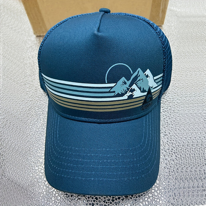 1 gorra de béisbol con bordado de montaña nevada, ajustable con broche, diseño deportivo a rayas azules y blancas, para uso casual, gorra de béisbol ajustable