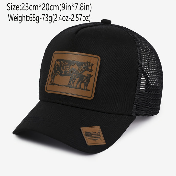 Gorra Trucker Grande de Estilo Europeo con Parches de Malla - Visera Ancha con Estampado Animal de Piel de Vaca, Ligera 50% /, Marrón Pastoral/Beige para Viajes al Aire Libre, Visitas a Granjas y Uso Casual (Ajustable)