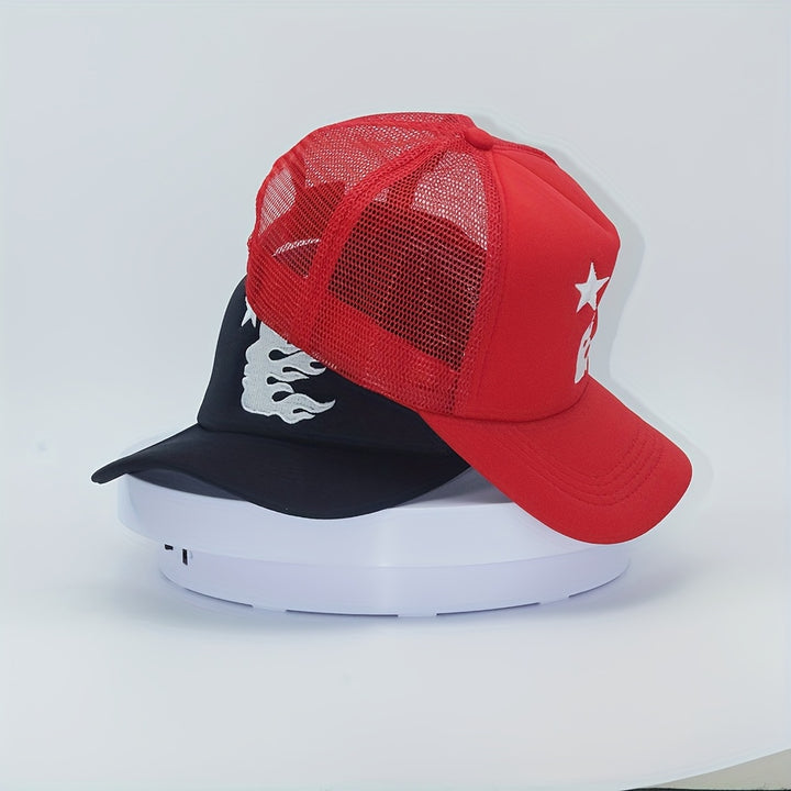 Gorra de Béisbol Ajustable Roja y Negra de Alta Calidad con Adornos Blancos: Dragón/Estrella/Cruz//Sol/Luna/Luna & Estrella - Gorro Transpirable para Mano o Limpieza en Secado, Diseño Sin Costuras Ideal Para Casual e Exteriores