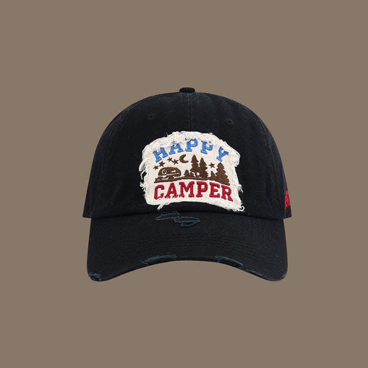 Gorra de Béisbol Happy Camper con Parches - Ajustable con Cierre Snapback, Poliéster Ligero, Diseño Desgastado con Gráficos de Bosque y Fuego de Camping, Ropa Casual Unisex para Aficionados al Exterior