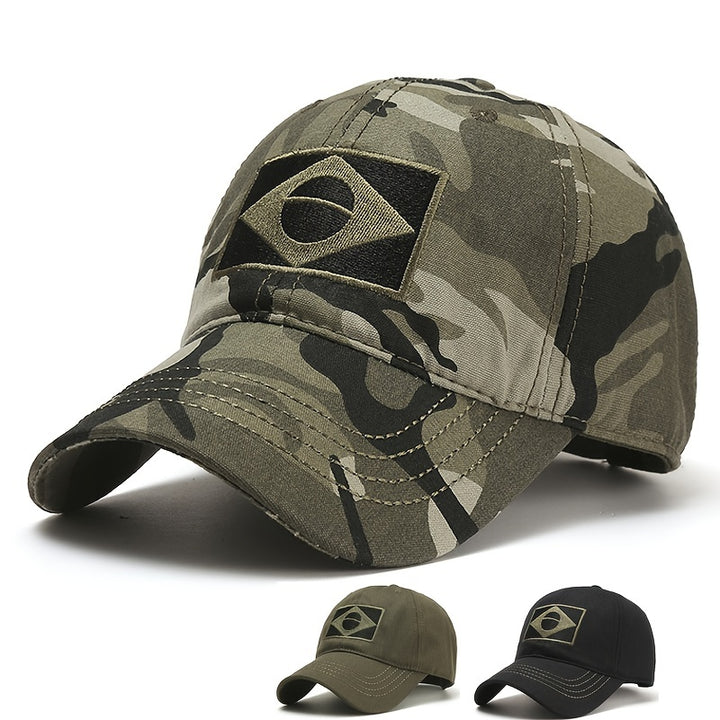 Mantente a la moda y protegido con esta gorra de béisbol de camuflaje del ejército con bordado de la bandera de Brasil para mujeres y hombres