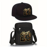 2 piezas de Chicago 23, gorra de béisbol con estampado dorado y bolso bandolera, conjunto ajustable con cierre de clic, estilo streetwear para deportes al aire libre, uso casual, regalo perfecto para hombres, logo de Chicago 23, gorra con espalda de ma...