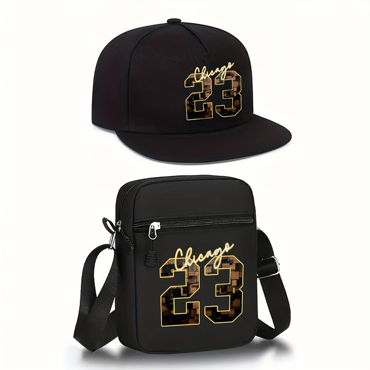 2 piezas de Chicago 23, gorra de béisbol con estampado dorado y bolso bandolera, conjunto ajustable con cierre de clic, estilo streetwear para deportes al aire libre, uso casual, regalo perfecto para hombres, logo de Chicago 23, gorra con espalda de ma...