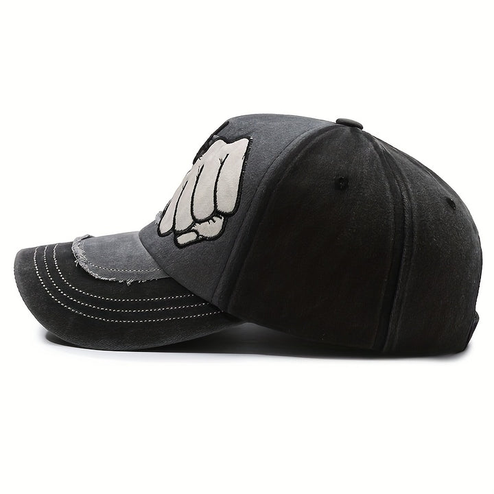 Gorra de béisbol retro lavada con gráfico de puño - Ligera, ajustable con cierre a presión, transpirable, gorra unisex de streetwear para hombres y mujeres, perfecta para exteriores, casual y celebraciones de Año Nuevo