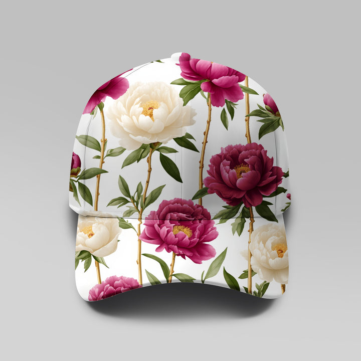 Gorra de béisbol para mujer con estampado floral de rosas blancas - Snapback ajustable, sombrero de sol ligero y transpirable con diseño botánico rosa y verde, lavable a máquina para primavera, verano, exteriores, fiestas en el jardín y ropa casual, viser