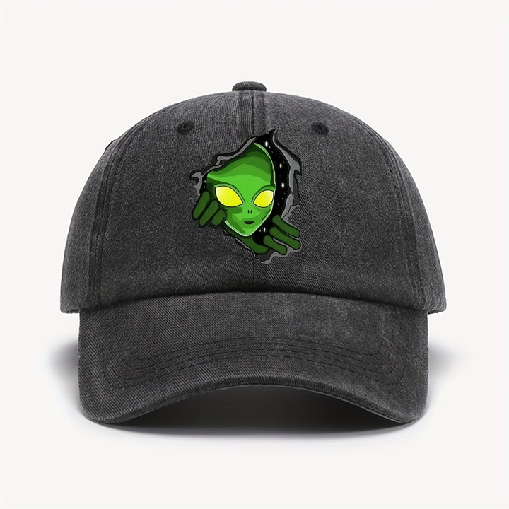 1pc Gorra de Béisbol con Temática Alienígena ATHACER - Retro Lavado Negro, Sombrero de Sol Desgastado con Gráfico de Alien Verde, Ajuste Ajustable, Poliéster Ligero, Ideal para Halloween y Moda al Aire Libre para Hombres y Mujeres, Accesorio para la Cabez