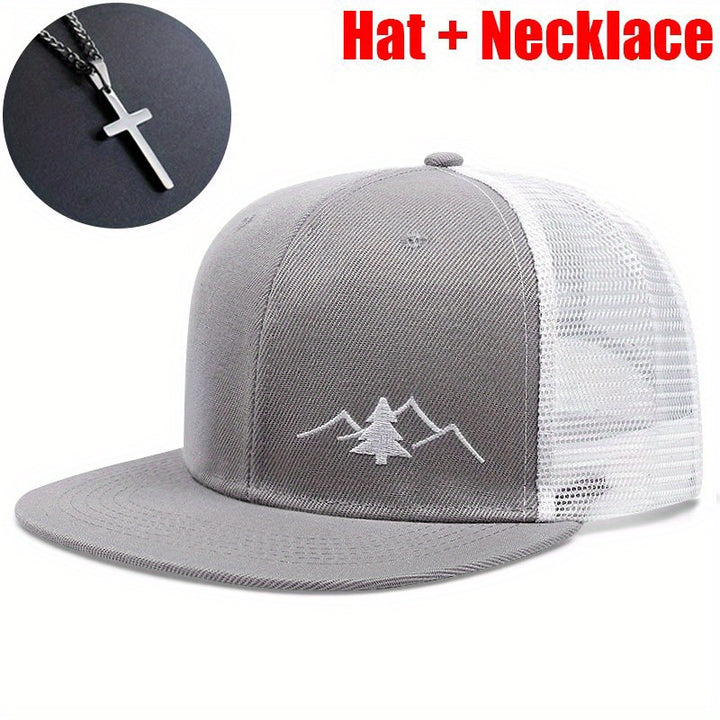 2 piezas (Gorra + Collar) Gorra de camionero transpirable con bordado de pino para hombre, gorra ajustable deportiva unisex, regalo