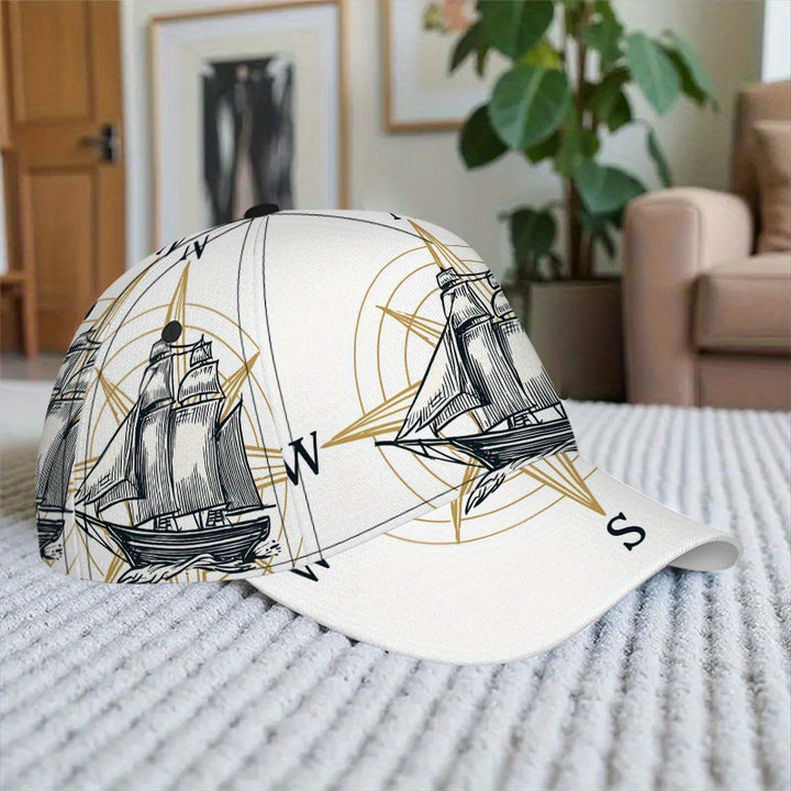 1 gorra de béisbol ajustable con diseño de brújula de navegación y rosa - Poliéster, diseño gráfico de barco a vela de puesta de sol vibrante, ideal para correr, moda de calle y deportes, ropa de cabeza al aire libre | Diseño de puesta de sol vibrante | G